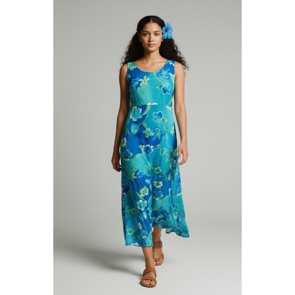 VTG Blue Tropical Hawaiian Dress Big Hed Maxi Flowey 90s Boho Travel Medium